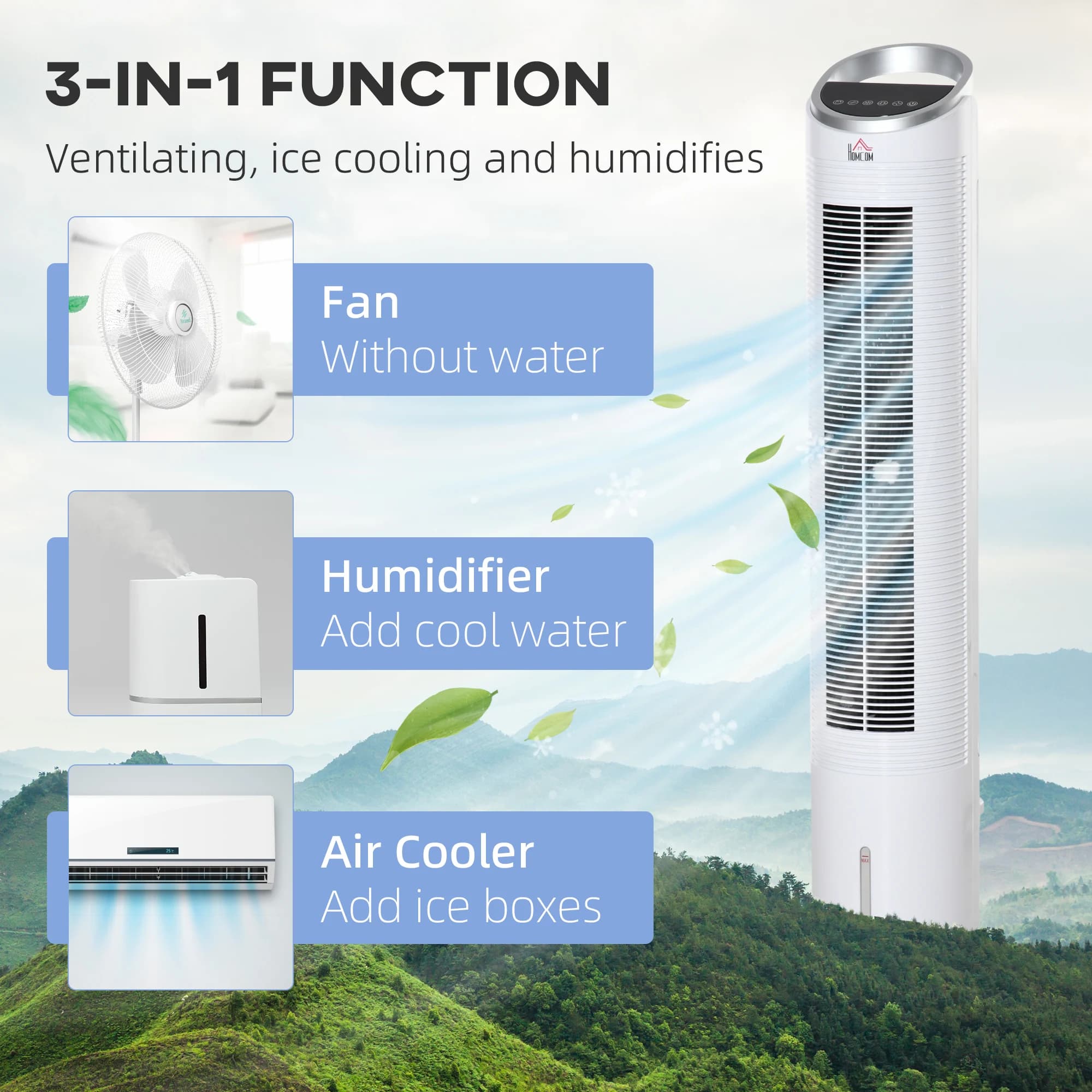 40" Evaporative Air Cooler with Water Tank, 3-In-1 Ice Cooling Fan with Humidifier, 52° Oscillating Portable Swamp Cooler for Home Office, 3 Modes, 3 Speeds, 8H Timer, Remote