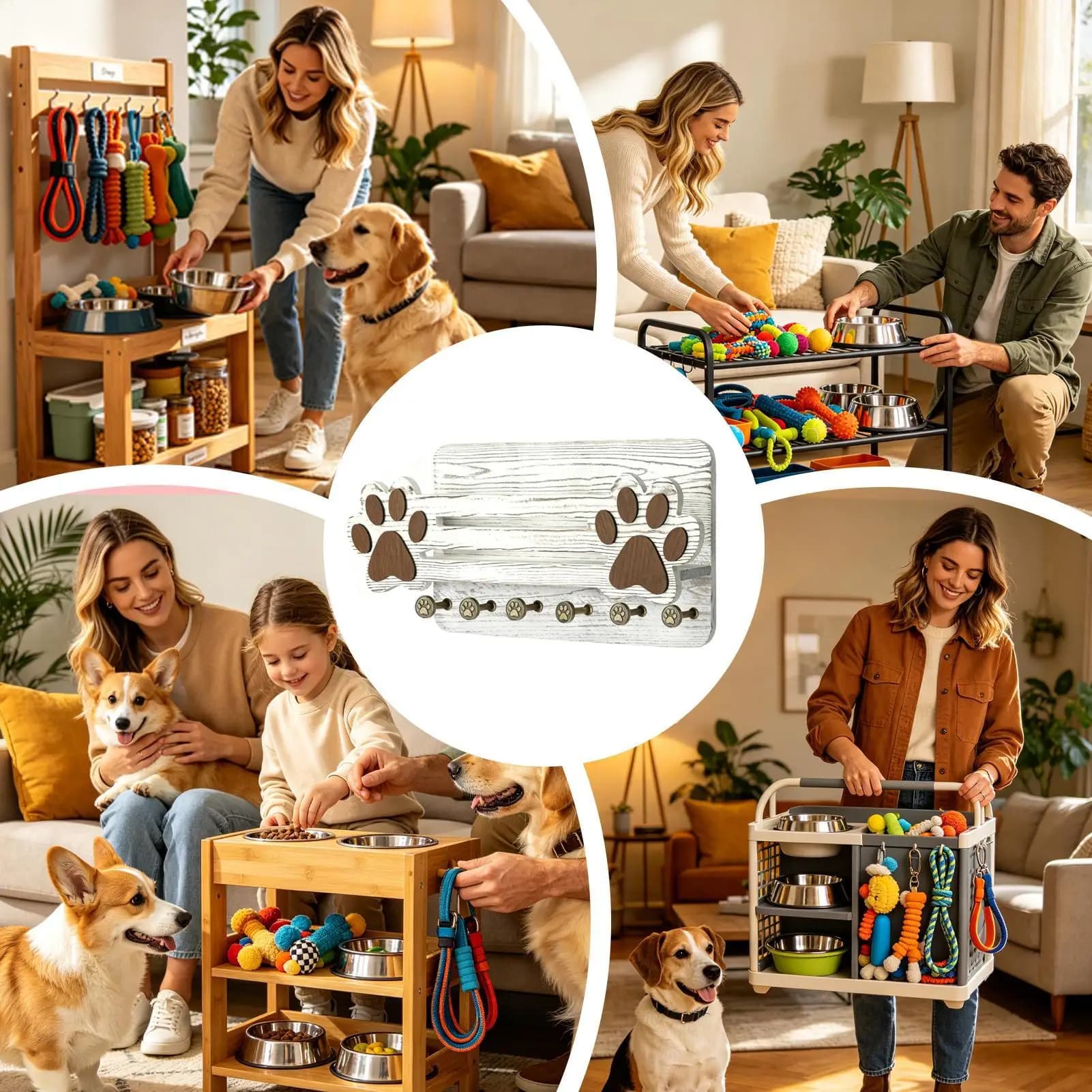 Appendiabiti per Guinzagli per Cani, Mensola Galleggiante in Legno a Forma di Zampa con 6 Ganci, Portachiavi da Parete per Ingresso, Soggiorno, Cucina, Camera da Letto