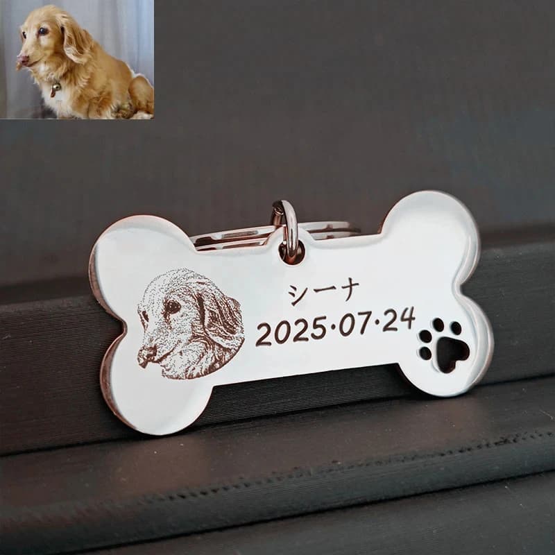 Portachiavi commemorativo personalizzato personalizzato per cani Portachiavi con ritratto inciso al laser Nome Numero di telefono Portachiavi con ciondolo anti smarrimento Targhetta