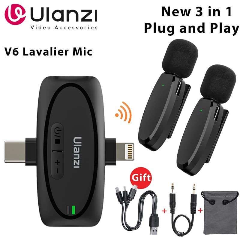 Ulanzi V6 Microphone Lavalier Wireless 3 in 1 for iPhone 15 14 13 Android Type C Lightning Camera Portable Audio Record Mini Mic