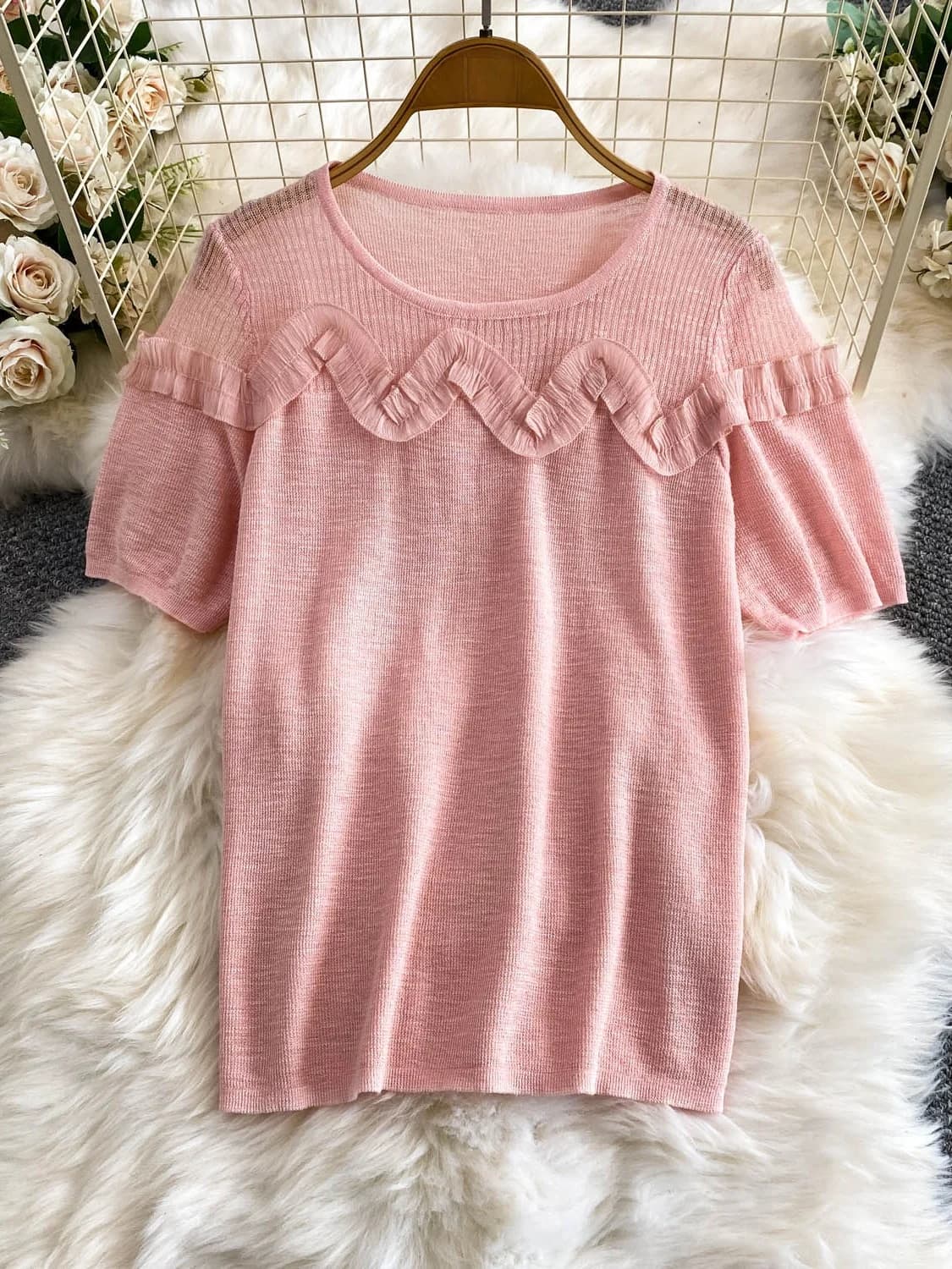T-shirt in maglia di seta ghiaccio traspirante da donna, estivo, alla moda, dolce, ampio, snellente, morbido, girocollo, a maniche corte