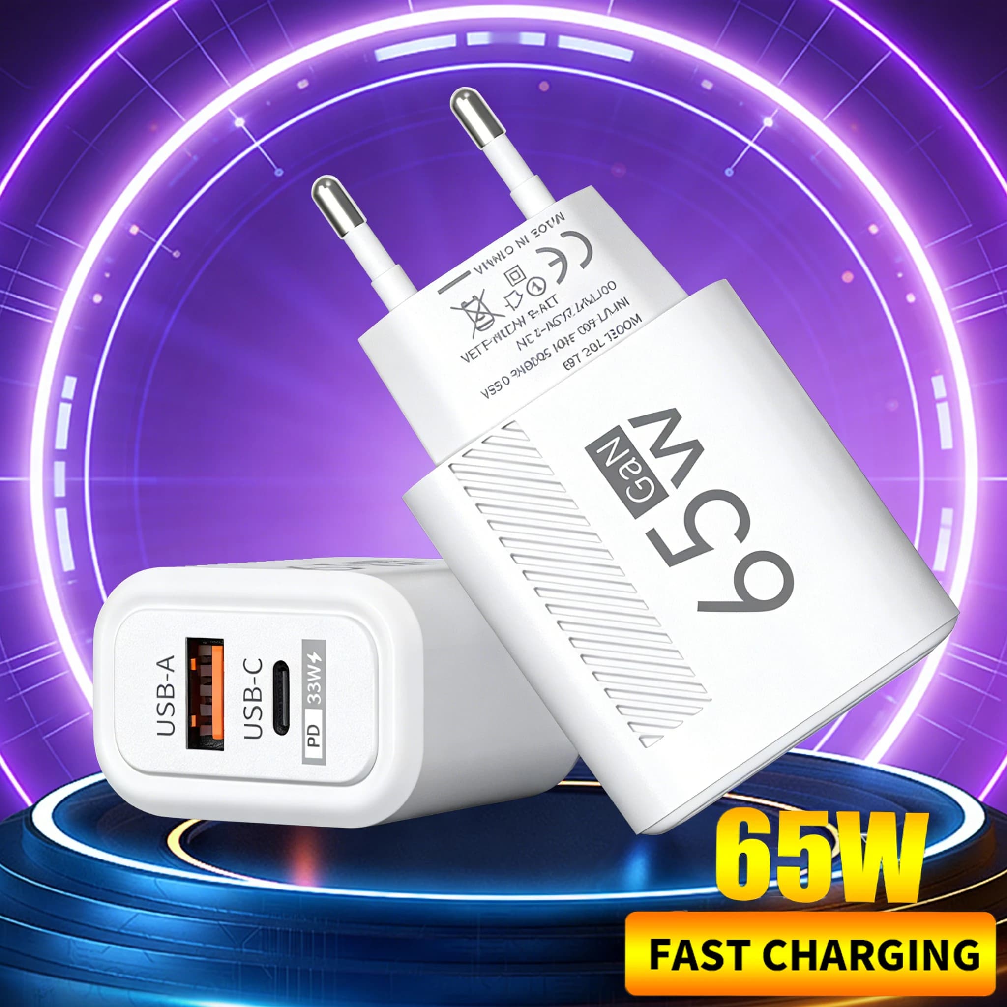 Caricatore USB C GaN da 65W 2 IN 1, adattatore di ricarica rapida Quick Charge 3.0 PD con spina EU/US per iPhone, Xiaomi, Samsung, Huawei, Tablet