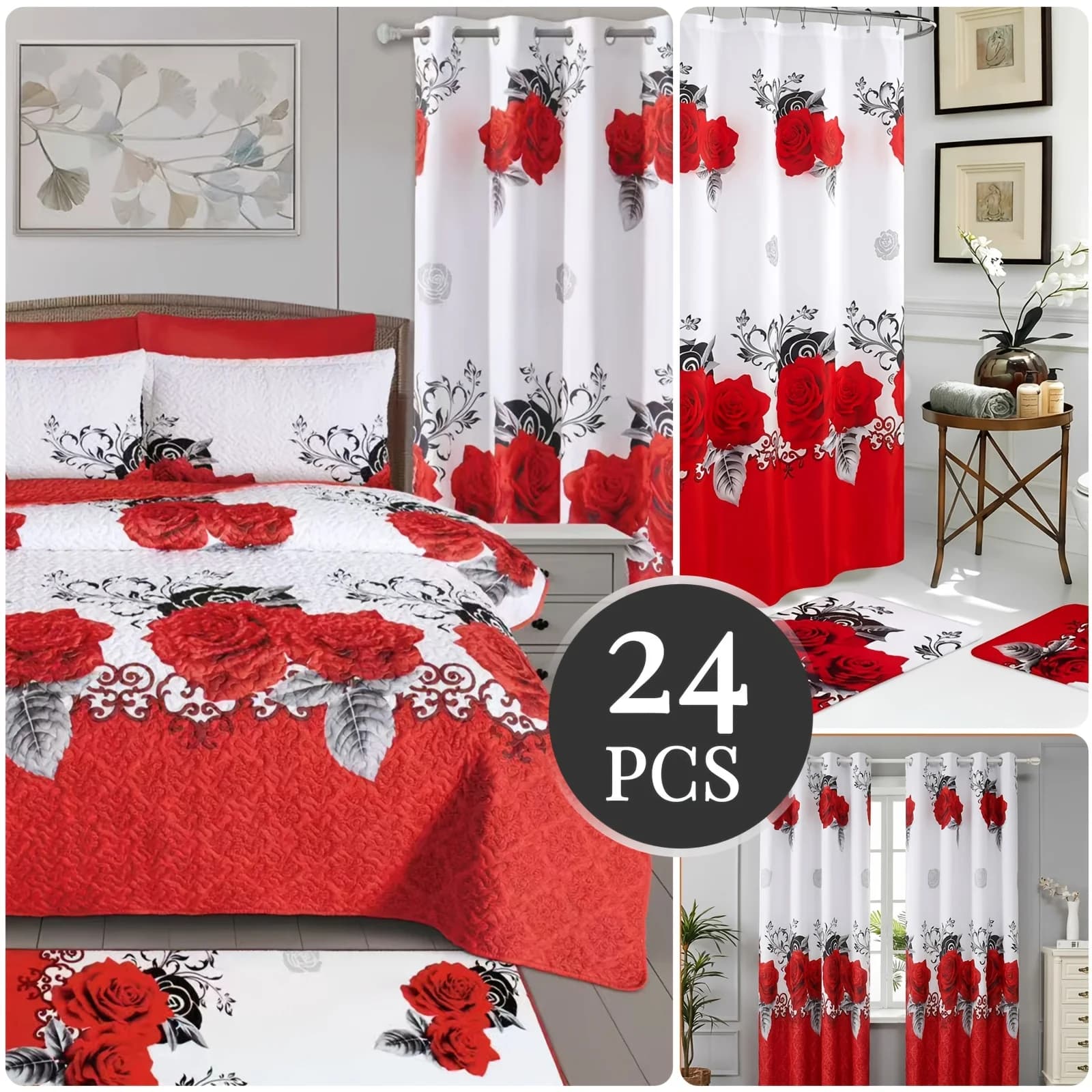 Set Copripiumino 24 Pezzi Queen/King, Set Completo per Camera da Letto e Bagno con Tende Coordinate, Tenda Doccia, Tappeti da Bagno e Tappeto Letto, Set Copriletto Floreale in Microfibra Morbida Bianco e Rosso