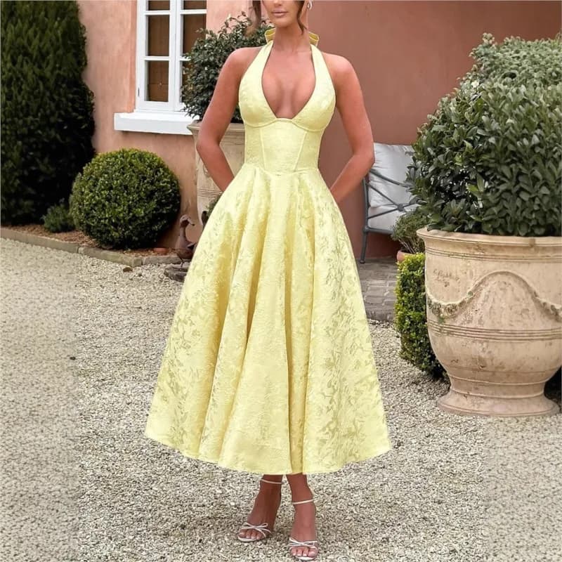 Women Solid Backless Lace Up A-line Dress Sexy Sleeveless Deep V-neck High Waist Pleated Midi Dresses Lady Evening Party Robes