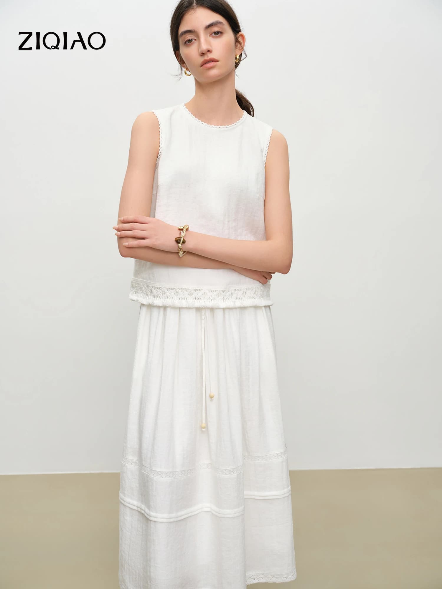 ZIQIAO Sleeveless White O-neck Shirt Midi Skirt Set Women New Summer 2026 Style Simple Eleagnt Holiday Outwear Clean Fit Ins