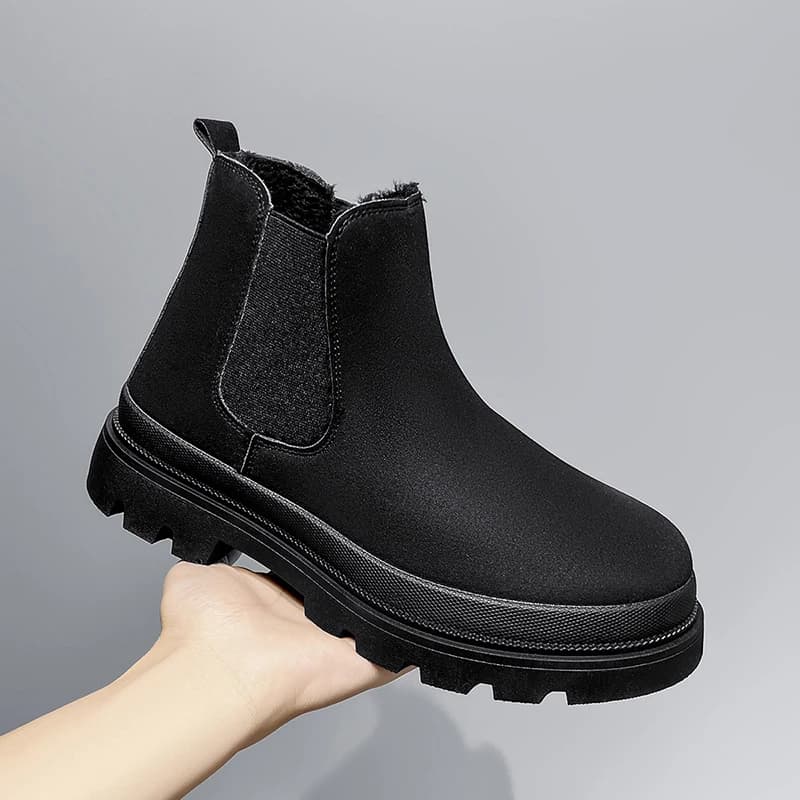 Men's Chelsea Boots Winter Warm Fleece Lined Chelsea Work Boots Black Leather Booties Youth Trend Korean Style Short Boot