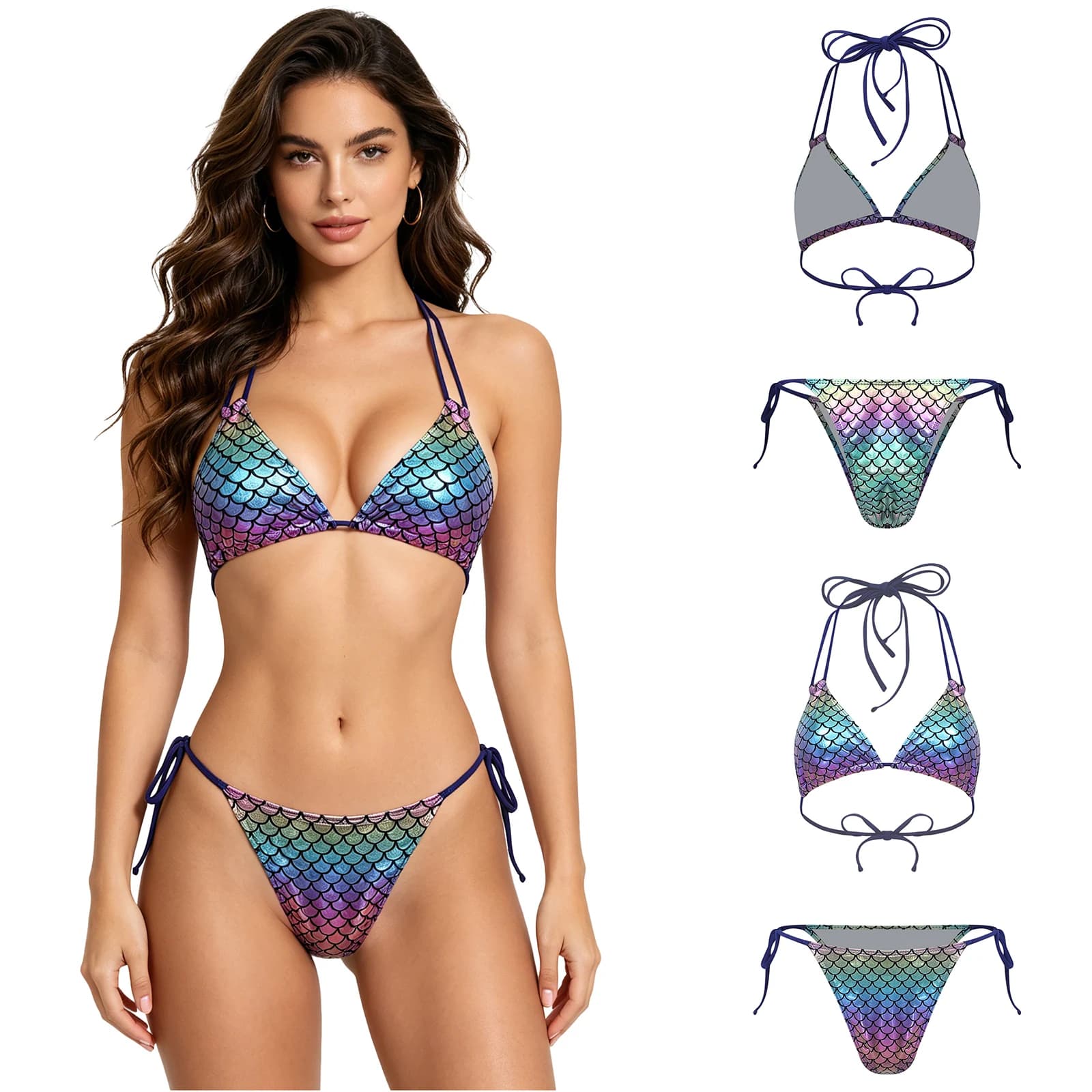 Costume da bagno bikini a sirena da donna con stampa a squame, bikini a stringhe, costume da spiaggia con reggiseno all'americana e imbottitura rimovibile e slip da bagno