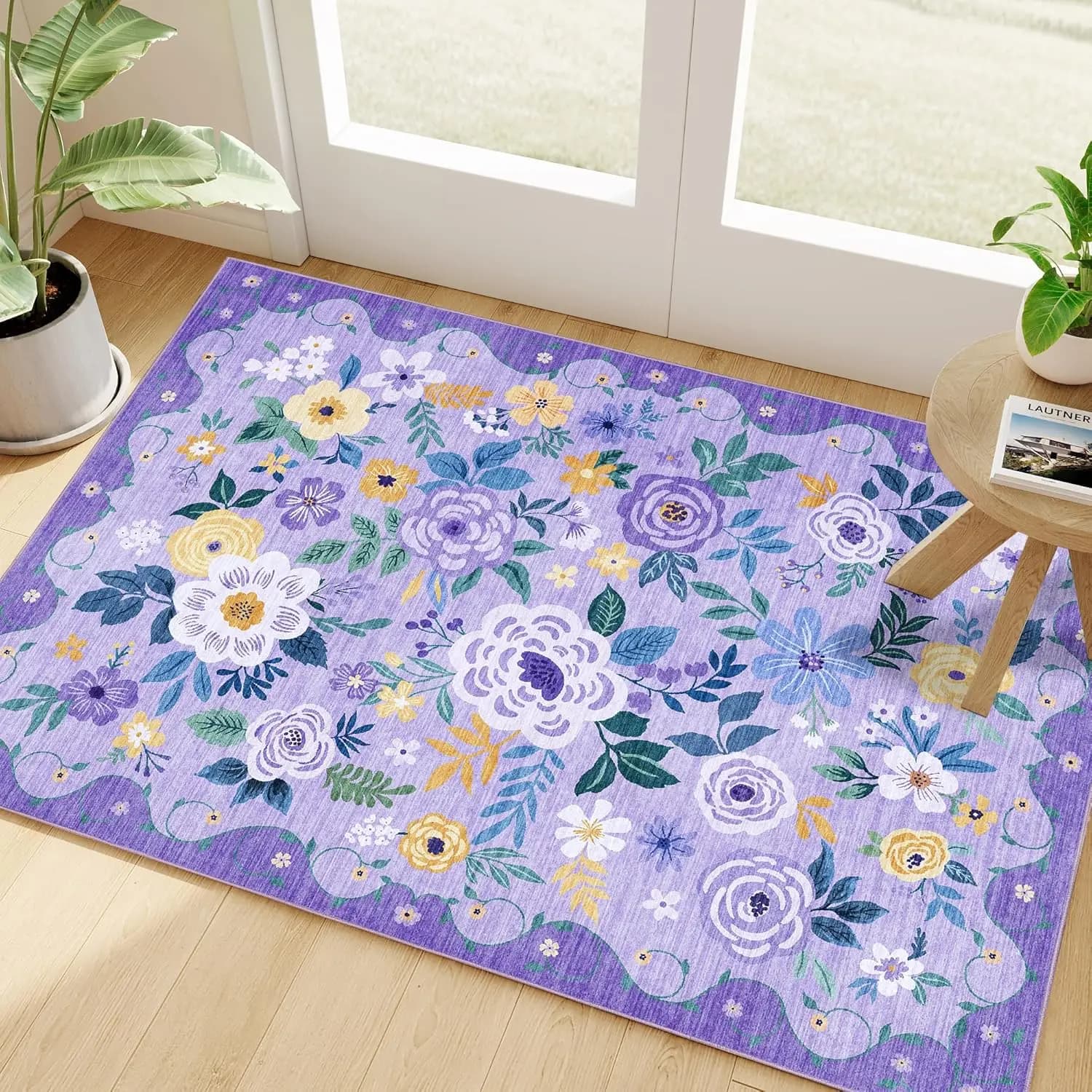 Floral Boho Rug Purple for Living Room Low Pile Throw Rugs Crystal Velvet Washable Non Slip Modern Large Area Carpet for Bedroom