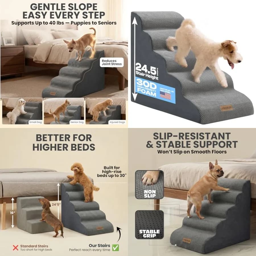 Scale per Cani per Letti Alti Fino a 76 cm, Scale Extra Alte a 5 Gradini per Cani, Scale in Schiuma per Animali Domestici Alte 62 cm per Cani di Piccola e Media Taglia