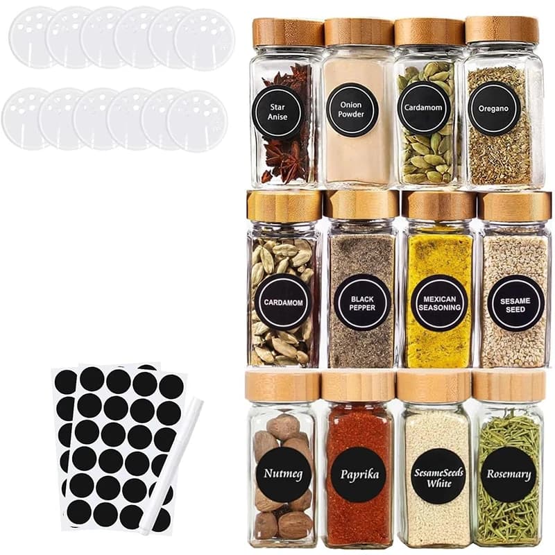 12 barattoli di vetro per spezie con etichette accessori da cucina contenitori per condimenti quadrati da 4 once sale da cucina erbe bottiglie di zucchero JT510