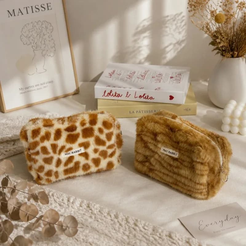 Women Travel Brush Make Up Storage Pouch for Daily Use Soft Plush Leopard Print Pencil Case Multifunctional Cosmetic Makeup Bag