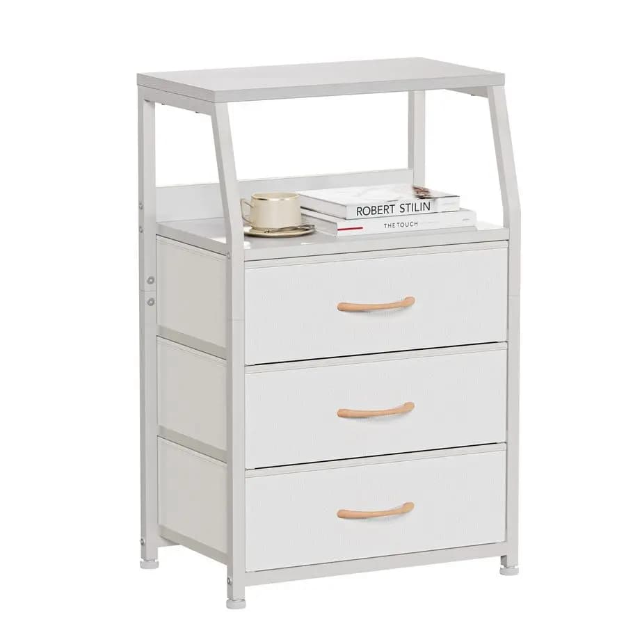 Bedside Table White with 3 Drawers and shelf with 2 Levels, Bedside Table Small, Side Furniture, Bedroom Fabric Organizer