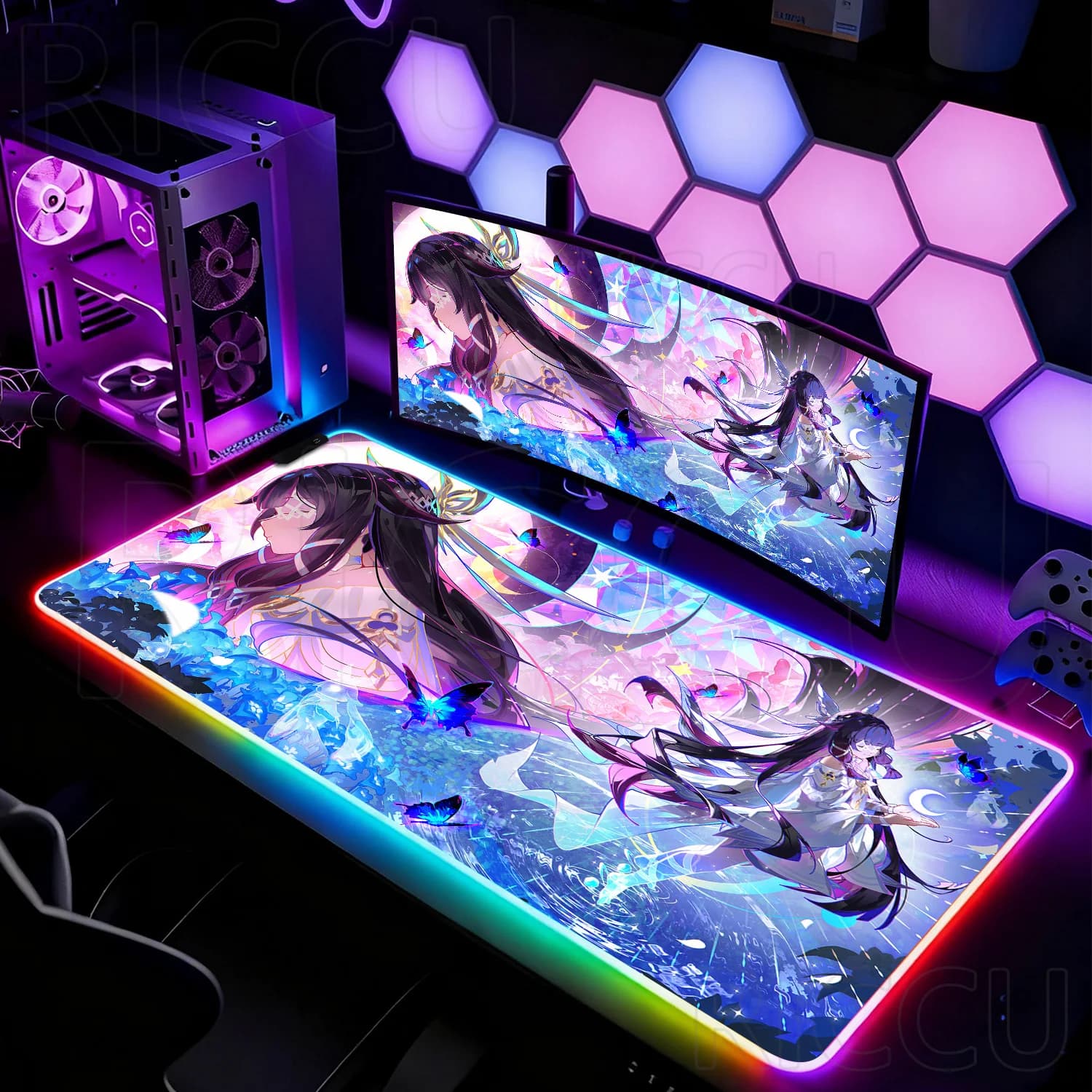 Tappetino per Mouse XXL RGB HD Genshin Impact Columbia, Tappetino per Tastiera Kawaii per Ragazze, Grande Tappetino da Scrivania per PC, Tappetino LED per Gaming e Laptop