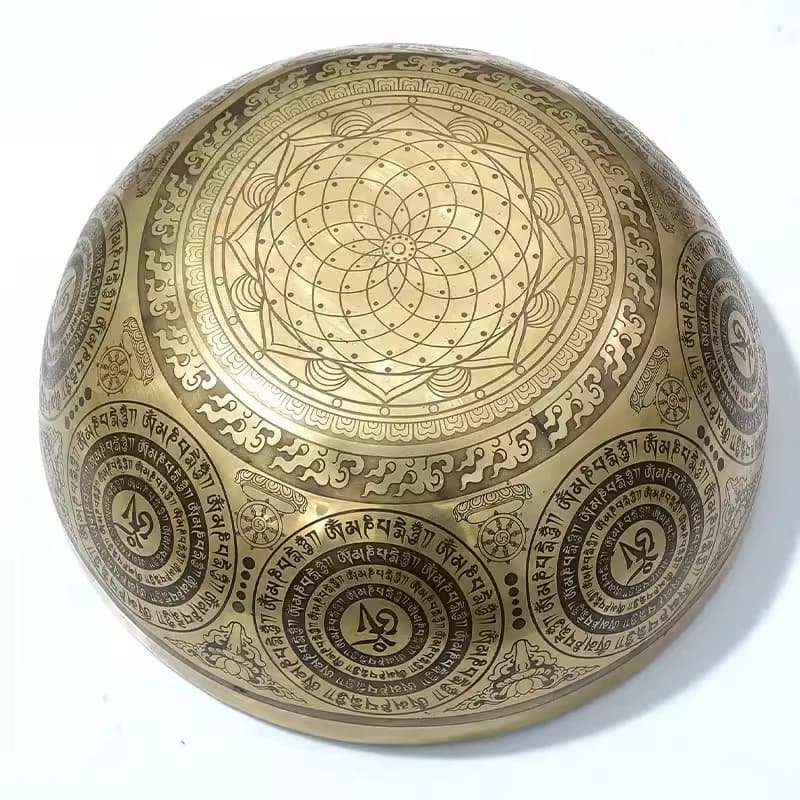 Handmade Singing Bowl, Painted Carving Yellow God of Wealth Lotus Bowl Sound Bowl Copper Bowl Ornament
