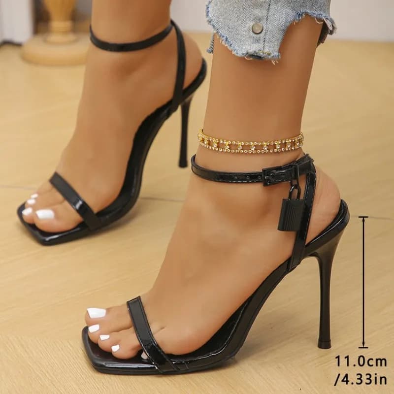 Women's 11cm Thin Heel Sandals New Fashion Square Toe Ankle Strap High Heels Ladies Summer Party Dress Shoes Plus Size 42