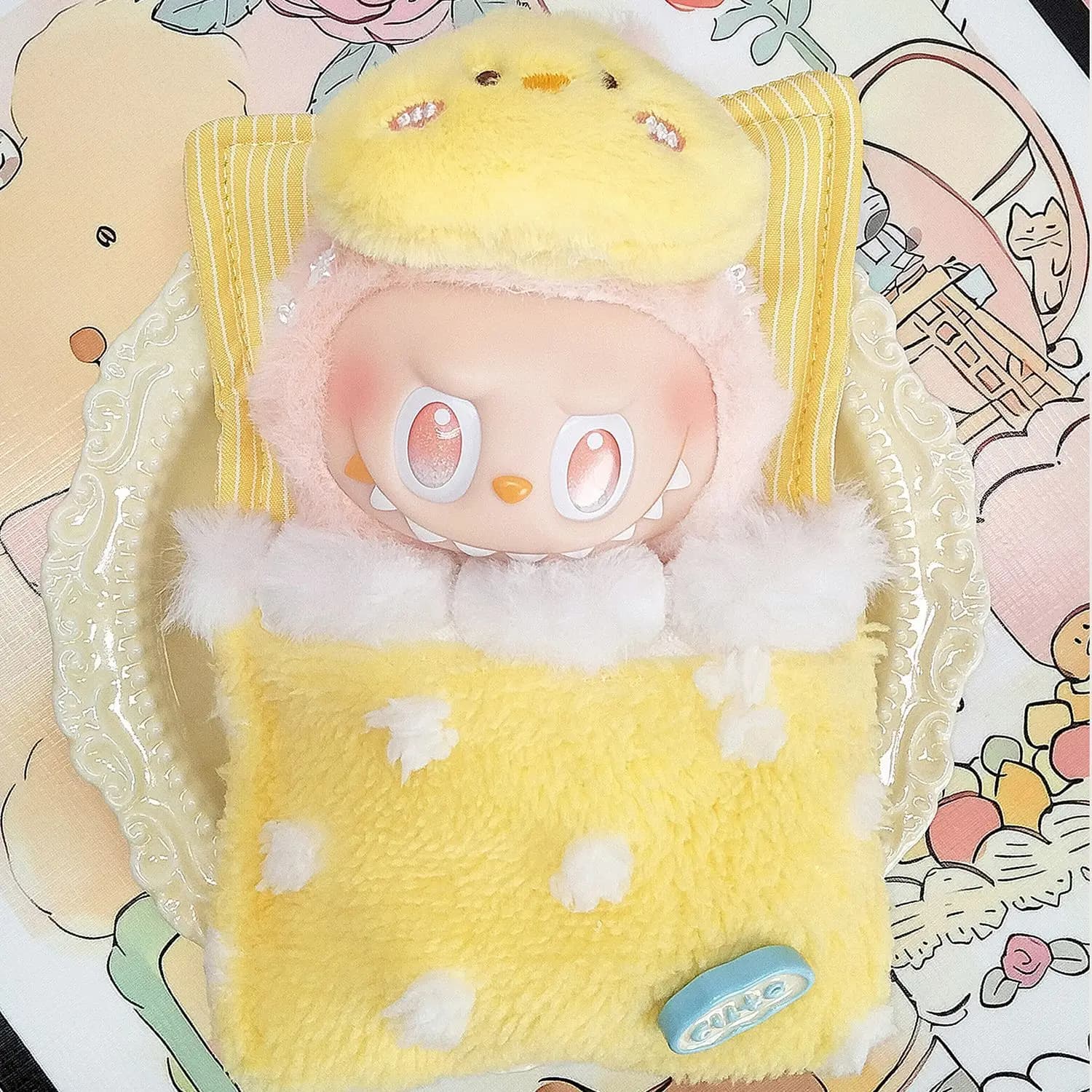 Nice mini plush doll in cartoon style, cute sleeping bag with eye mask for clothing gift Labubu