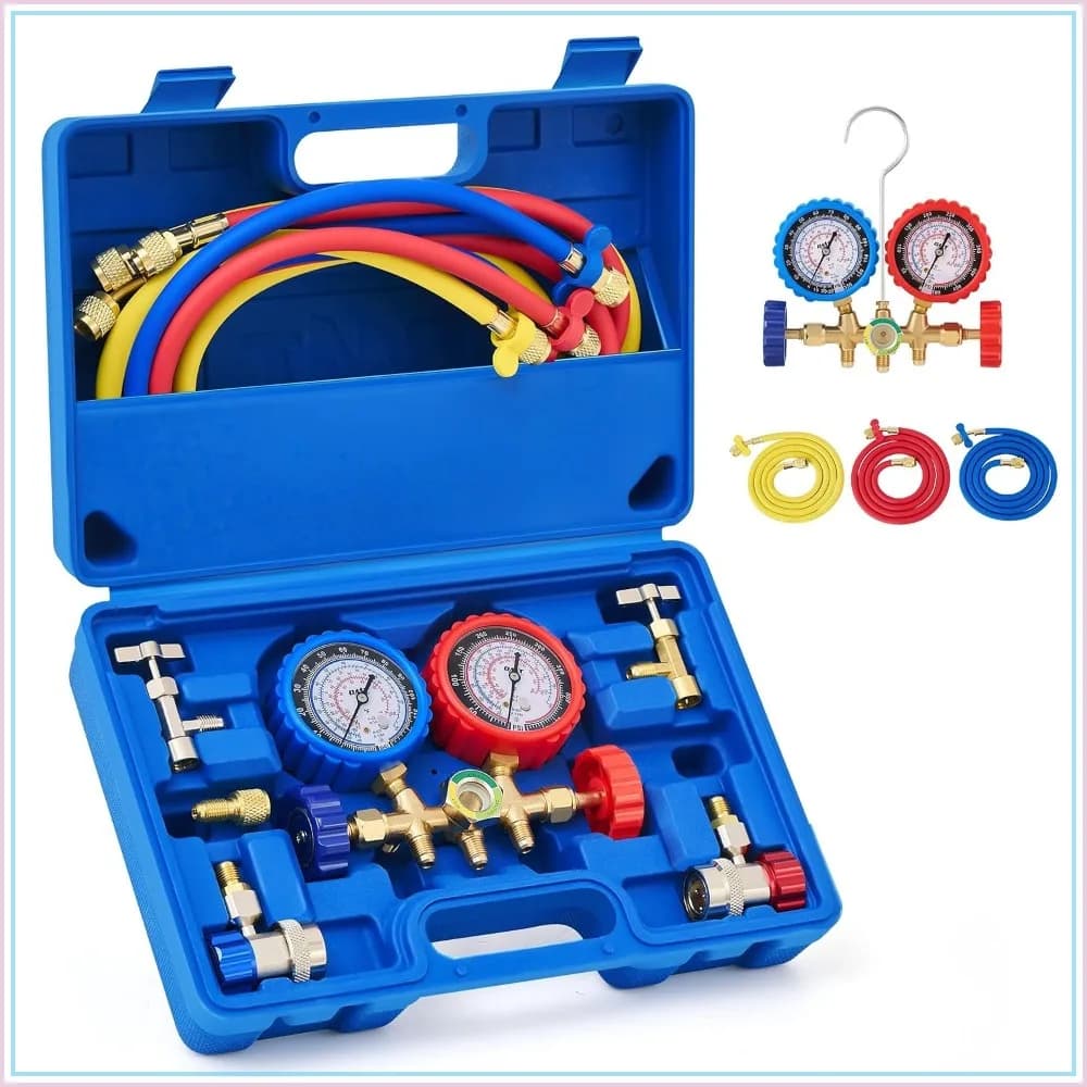 AC Gauge Set for R134a R12 R22 R502 5 Ft Hoses with R134a Couplers Self-Sealing & Piercing Can Taps 29° Adapter Solid Brass Auto Freon Recharge