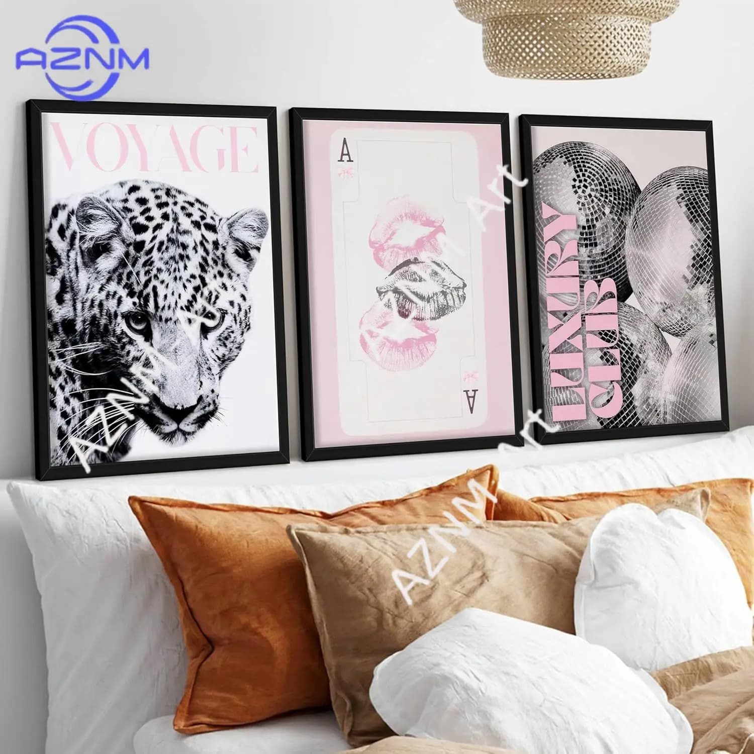 Poster on canvas 2D pink and black plate with trendy leopard print and disco ball, framed 1+3 pieces, Preppy wall art set "VOYAGE LUXURY CLUB" for the bedroom