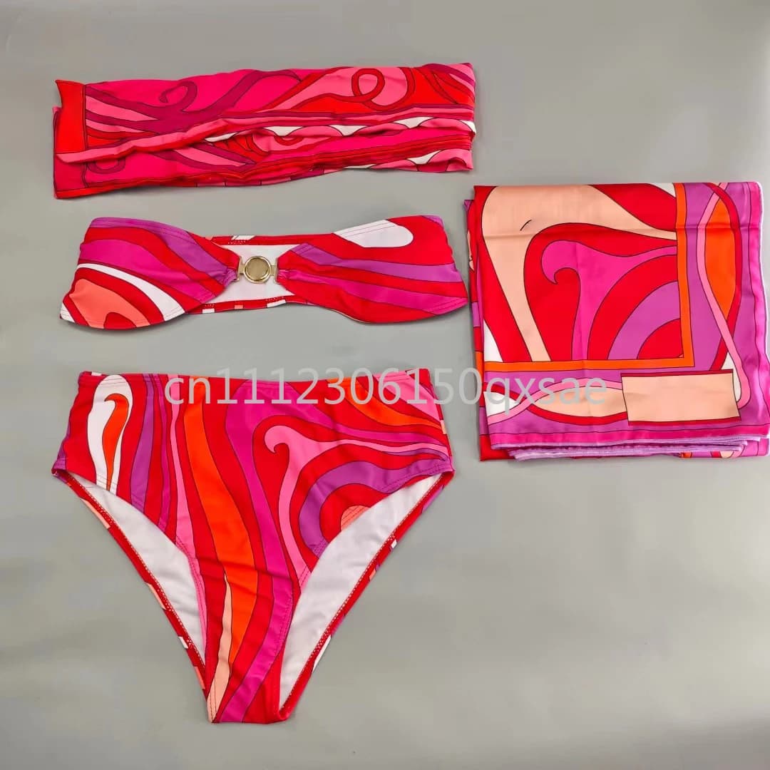 Set Bikini da Donna Rosso con Fascia e Sciarpa, Logo con Lettere, Costume da Bagno Sexy con Fascia e Sciarpa, Abbigliamento da Spiaggia
