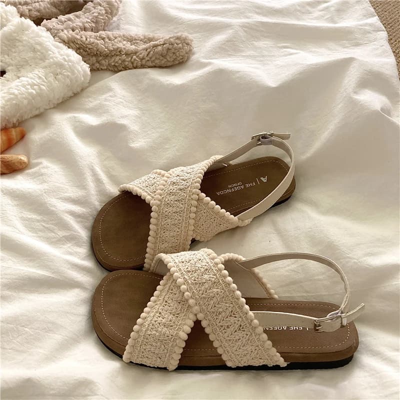 Sandali da donna in stile vacanza al mare, intrecciati, comodi, estivi 2025, con fondo morbido, antiscivolo, slip-on, traspiranti, design traforato