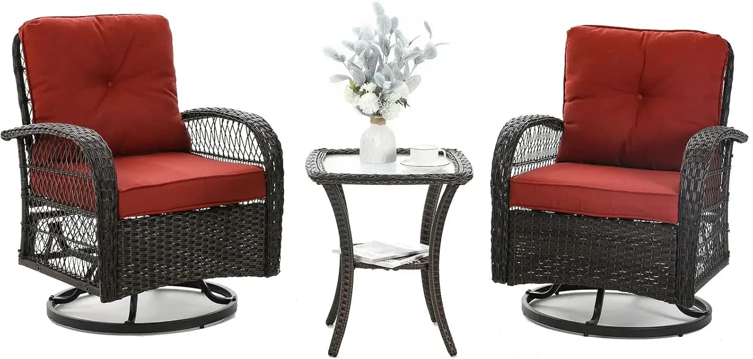 Set di 3 Pezzi per Arredo Patio, Dondolo Girevole da Esterno, Set Bistrot in Vimini con Sedia a Dondolo, Cuscini Ispessiti e T