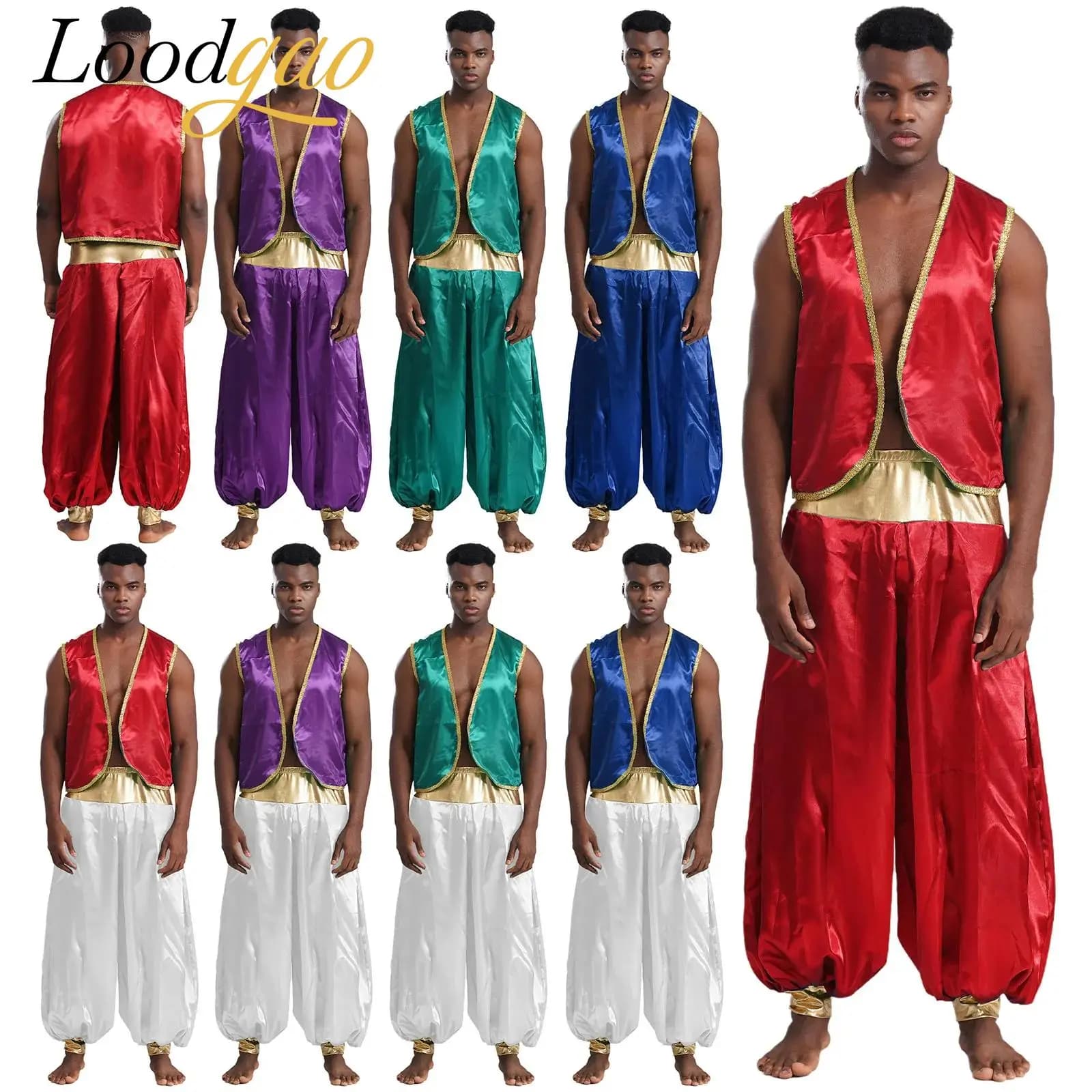 Uomo indiano mitico Halloween principe arabo abiti gilet macchia gilet con finiture dorate con pantaloni a lanterna costumi cosplay arabi