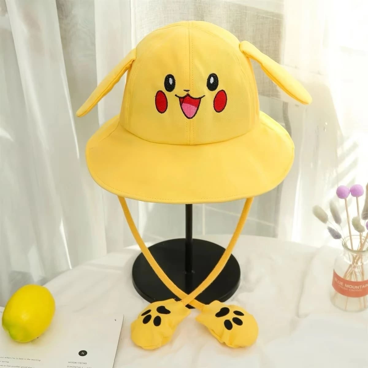 Cappello da Pescatore con Orecchie di Pikachu, Cappello da Sole Carino per Sport all'Aperto, Comodo Cappello per Adulti, Bambini e Neonati
