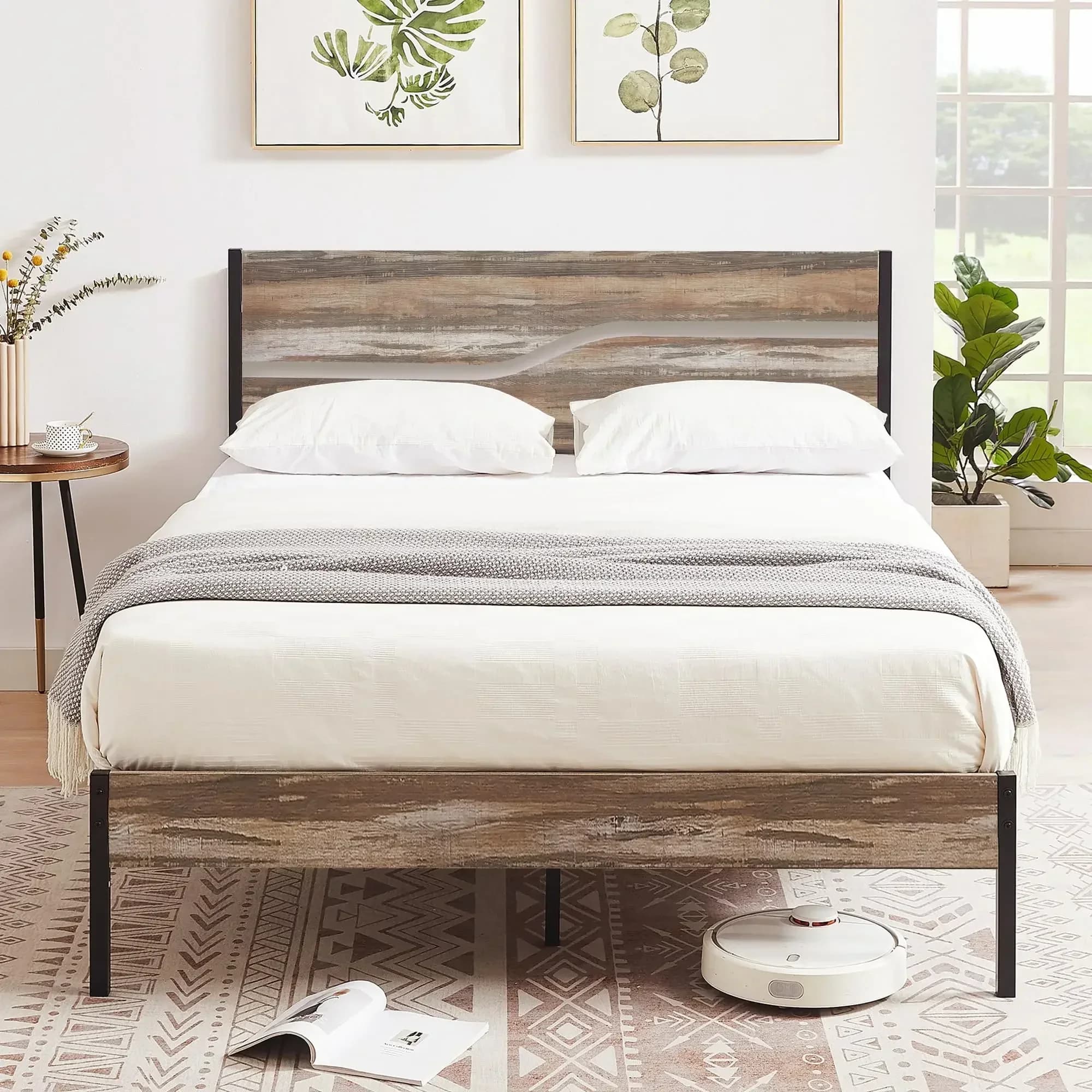 A Queen Size Platform Bed Frame with Wood Headboard, Strong Metal Slats Support Mattress Foundation, No Box Spring Needed