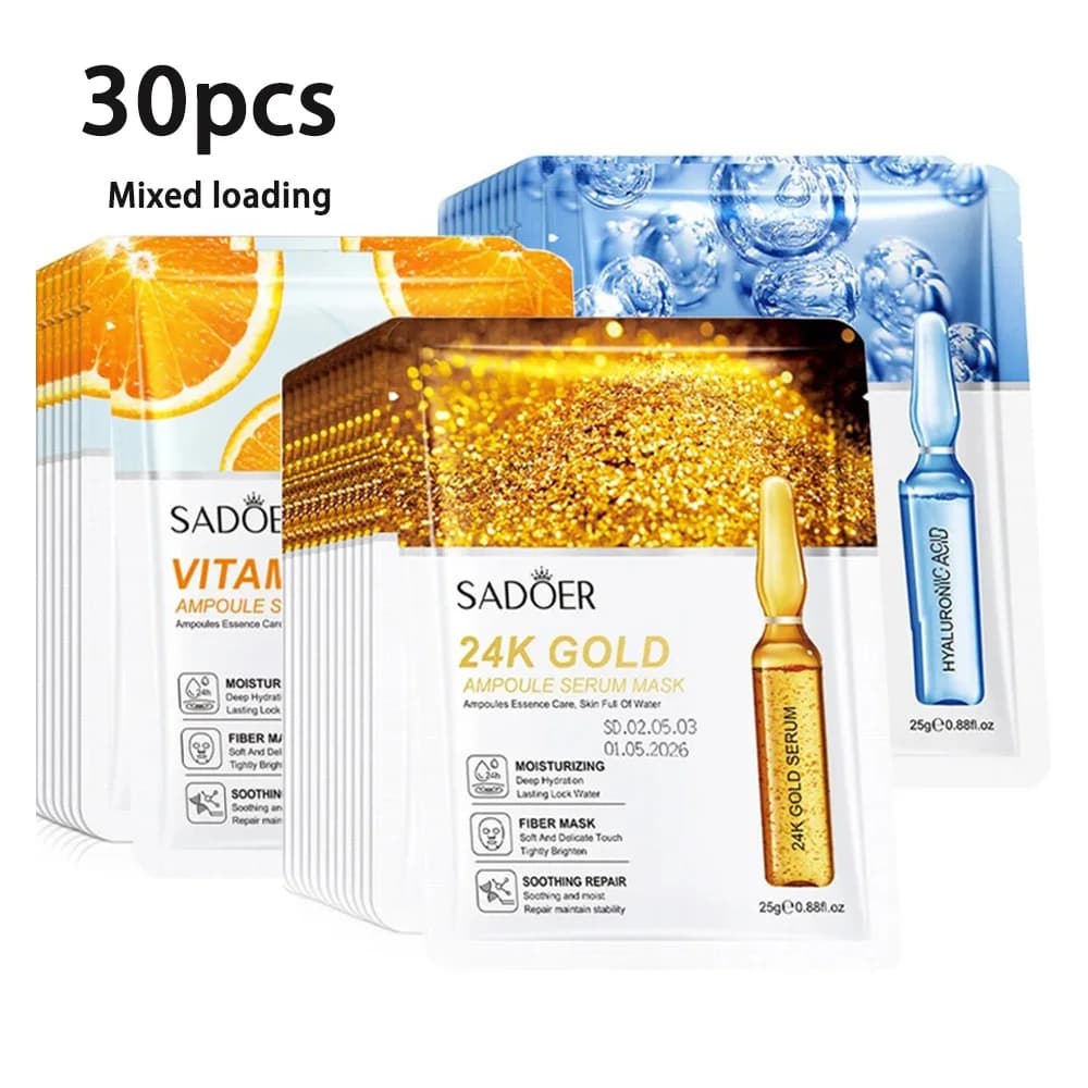 30/15 pz SADOER Maschere Viso Oro 24K with Vitamin C and Hyaluronic Acid - Hydrating, Rassodants and Nutrients for Skin Care of Face