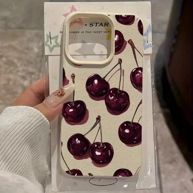 Cover for iPhone 17 AIR 16 15 14 13 12 11 Pro MAX Plus Y2K opaque with cherry red wine whole screen pattern and litchi textures