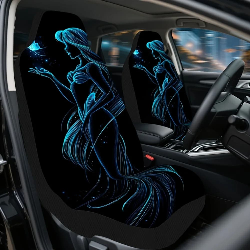 Set of 2 car seat covers from the design Fantasy Neon Mermaid – Compatible with most cars, trucks, vans and SUVs | Resistant polyester fabric