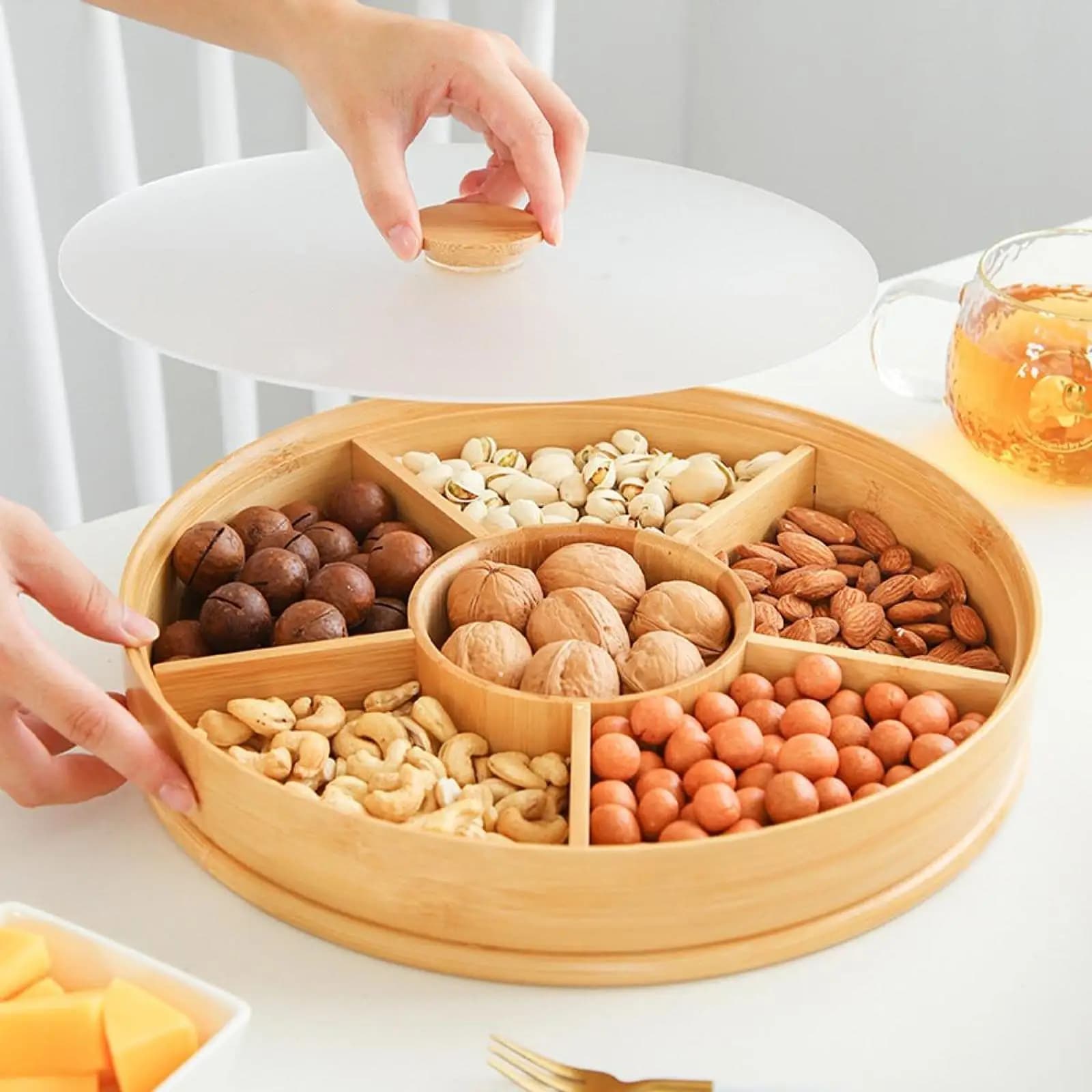 Bamboo Nuts Storage Platter Food Storage Box Container Dried Fruit Tray for Holiday