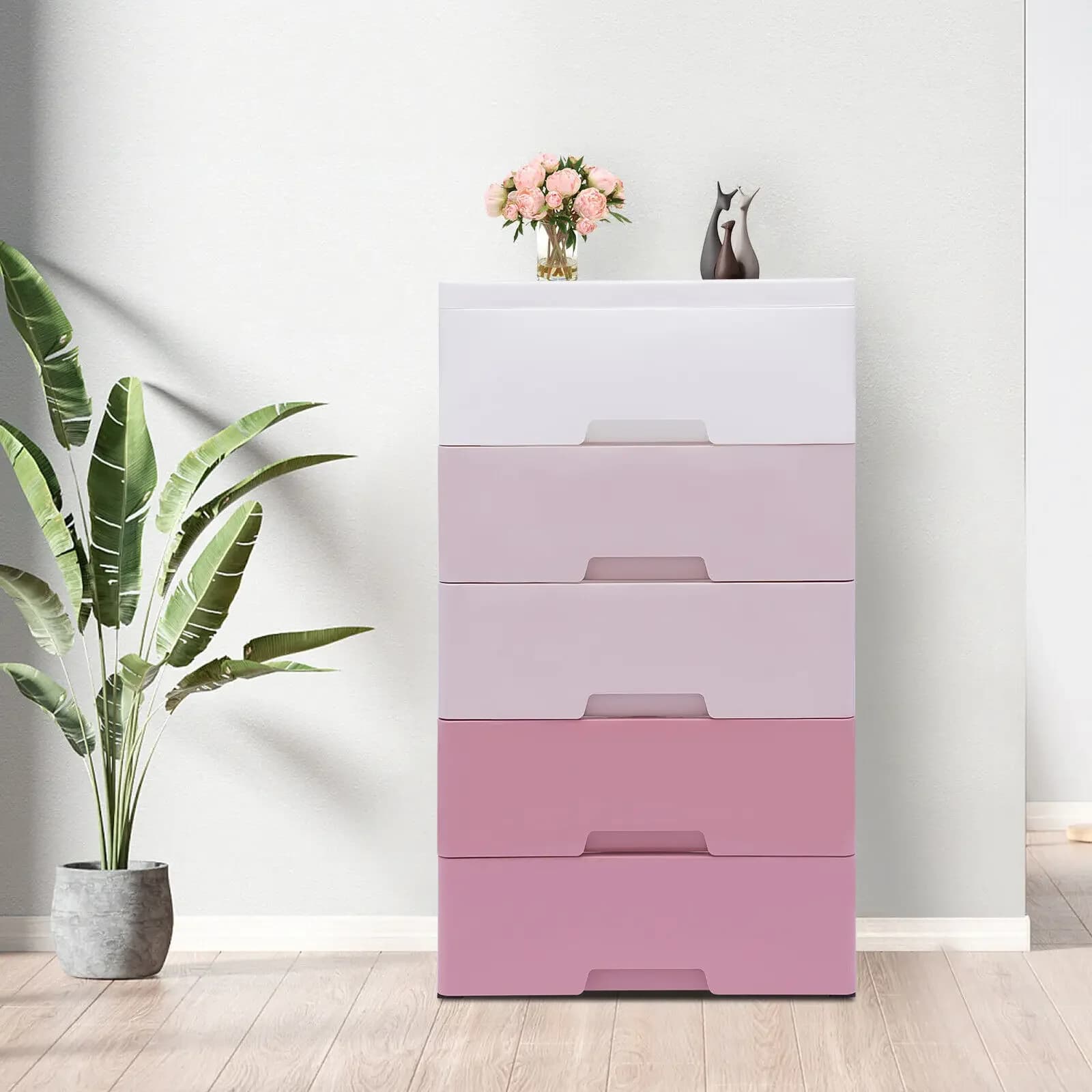 5 shelves cabinet with Drawers, Simple and Modern Style, Set of Dresses and Toys, Pink Flame