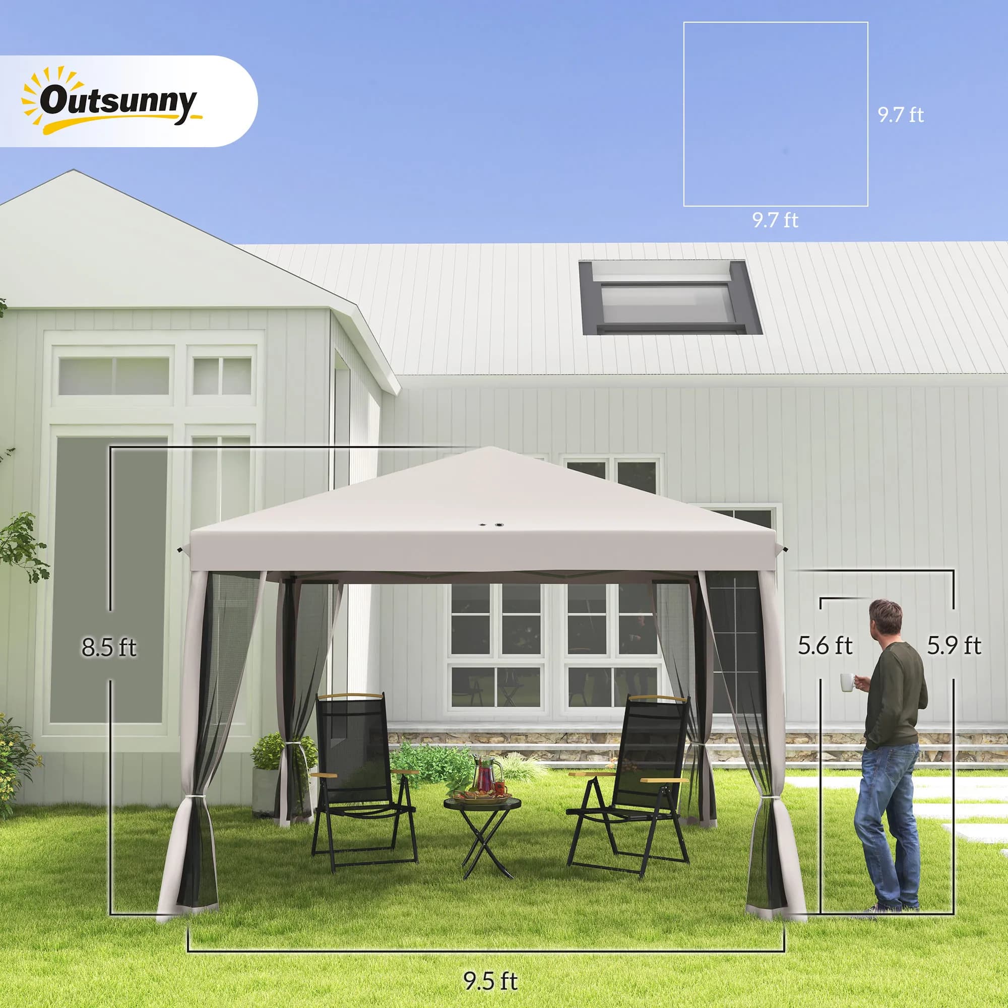 Gazebo Pop-Up 10x10 con Zanzariera, Tenda Istantanea Regolabile in Altezza, Borsa per il Trasporto, Ideale per Giardino, Patio, Campeggio, Beige
