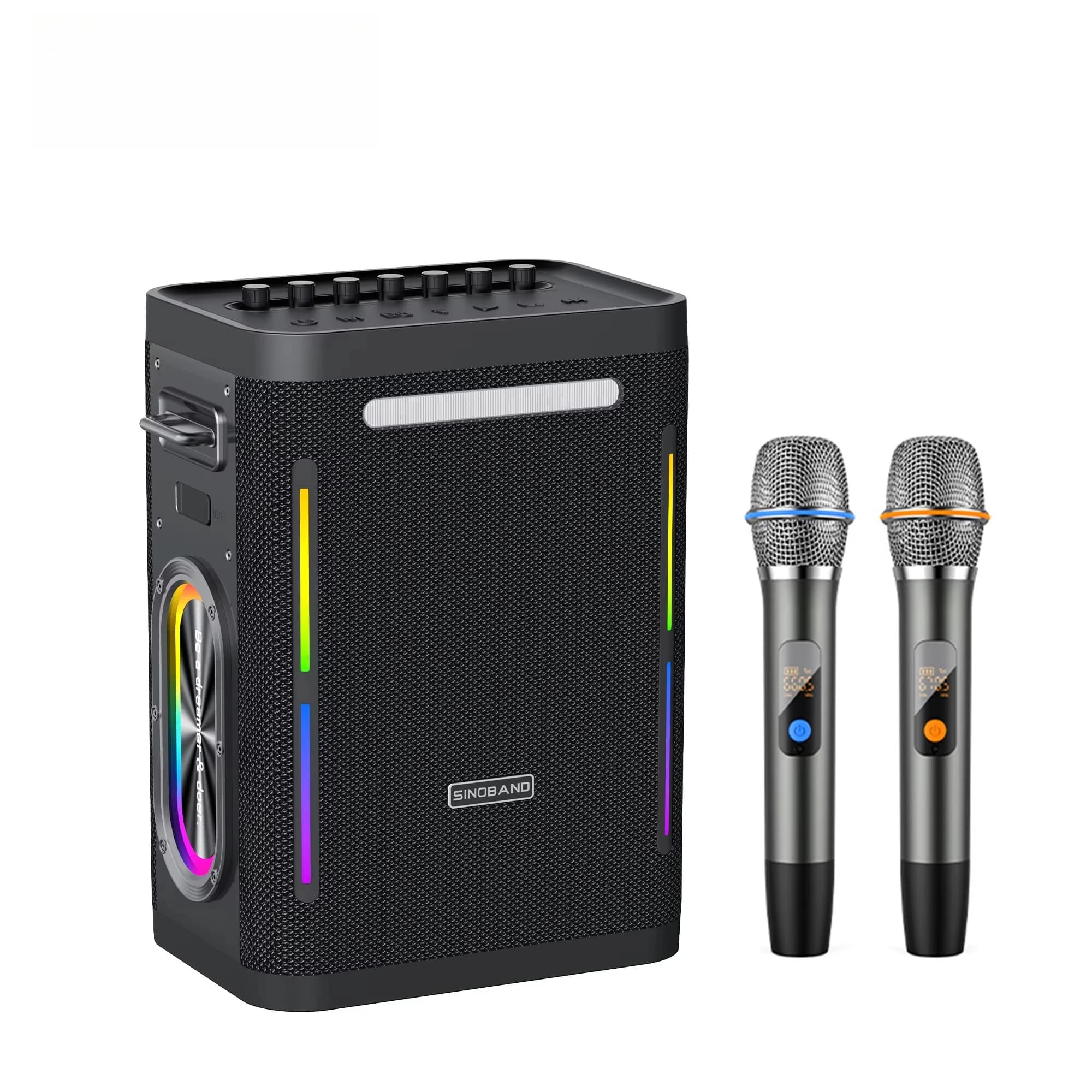 Sistema PA Karaoke Portatile da 300W con Subwoofer e 2 Microfoni Wireless, Supporto Scheda di Memoria per Uso Domestico