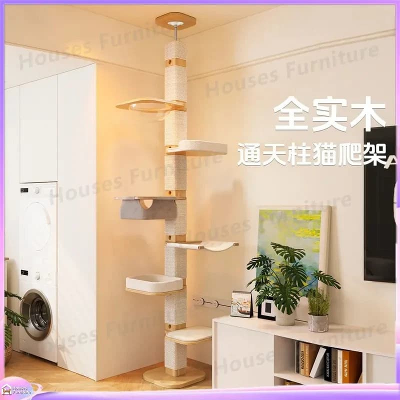 Solid Wood Cat Tree with Space Capsule Condo Scratching Post Climbing Tower for Small Apartments Indoor Cats Vertical Climber