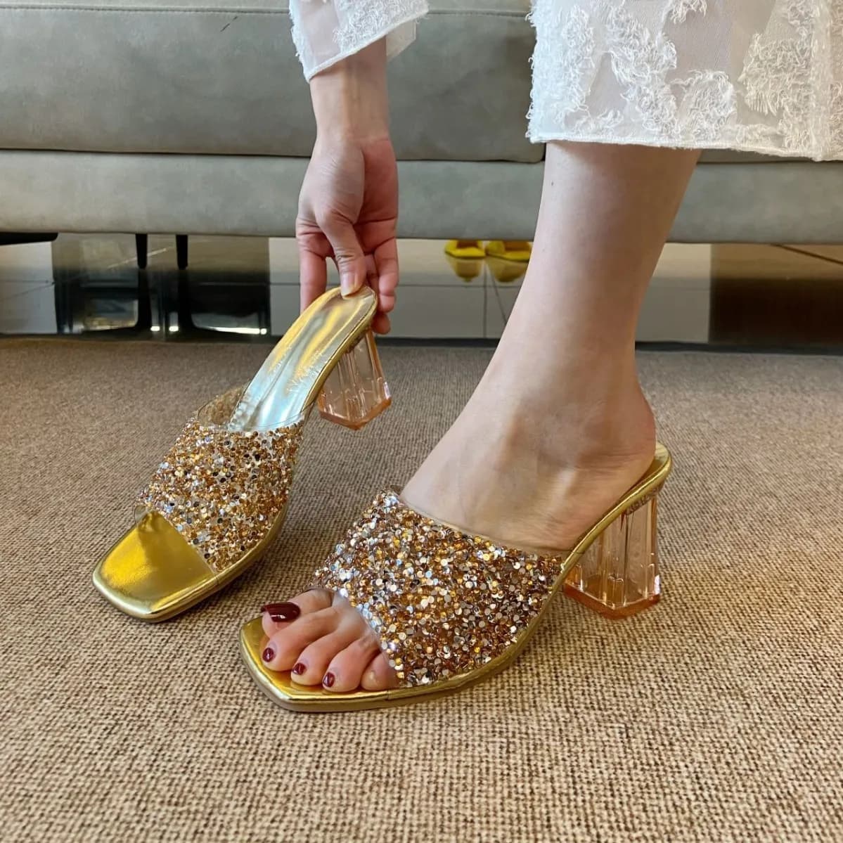 Crystal Luxury High Heels Shoes Women Sandals Square Toe Slippers Summer 2025 Sexy Chunky Beach Shoes Flip Flops Slides Mujer