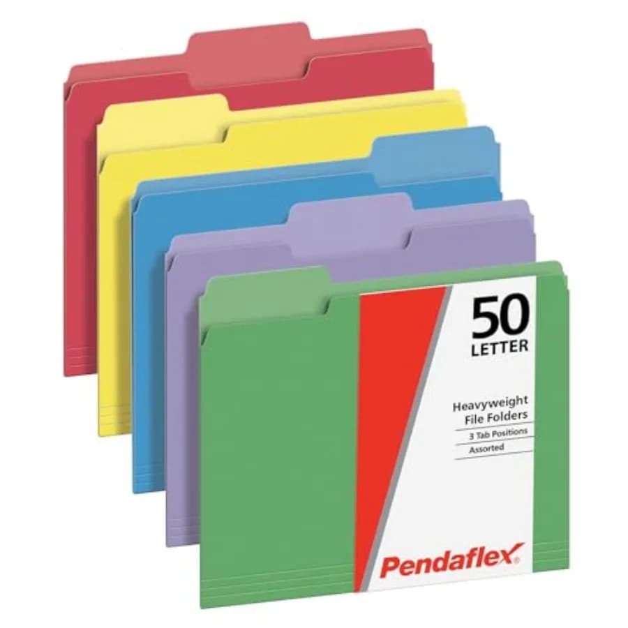Cartelle portadocumenti resistenti, confezione da 50, formato Letter 8,5" x 11", 3 scomparti, carta extra resistente, 5 colori assortiti, codifica a colori per la scuola