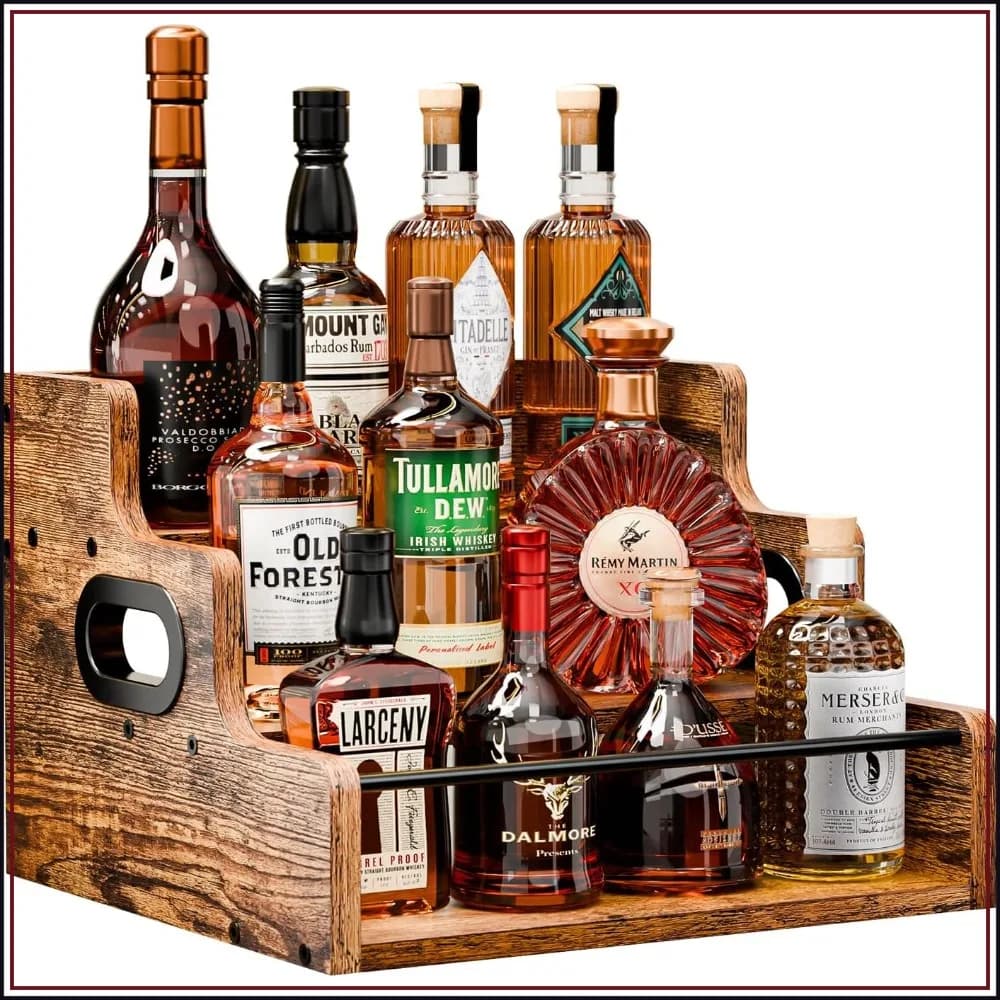 KLM Liquor Bottle Display Shelf, Coffee Syrup Rack, 3-Tier Countertop Wine Rack for Home Bar, Retro Liquor Cabinet Organizer for Whiskey & Spirits
