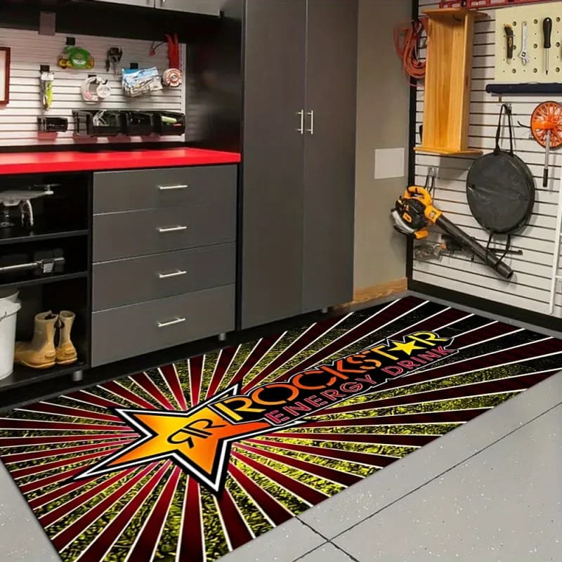 Tappeto da garage VIKAMA Rockstar Energy, tappeto antiscivolo lavabile Rock & Roll, tappetino con stampa Starburst "ROCKSTAR" per garage e man cave