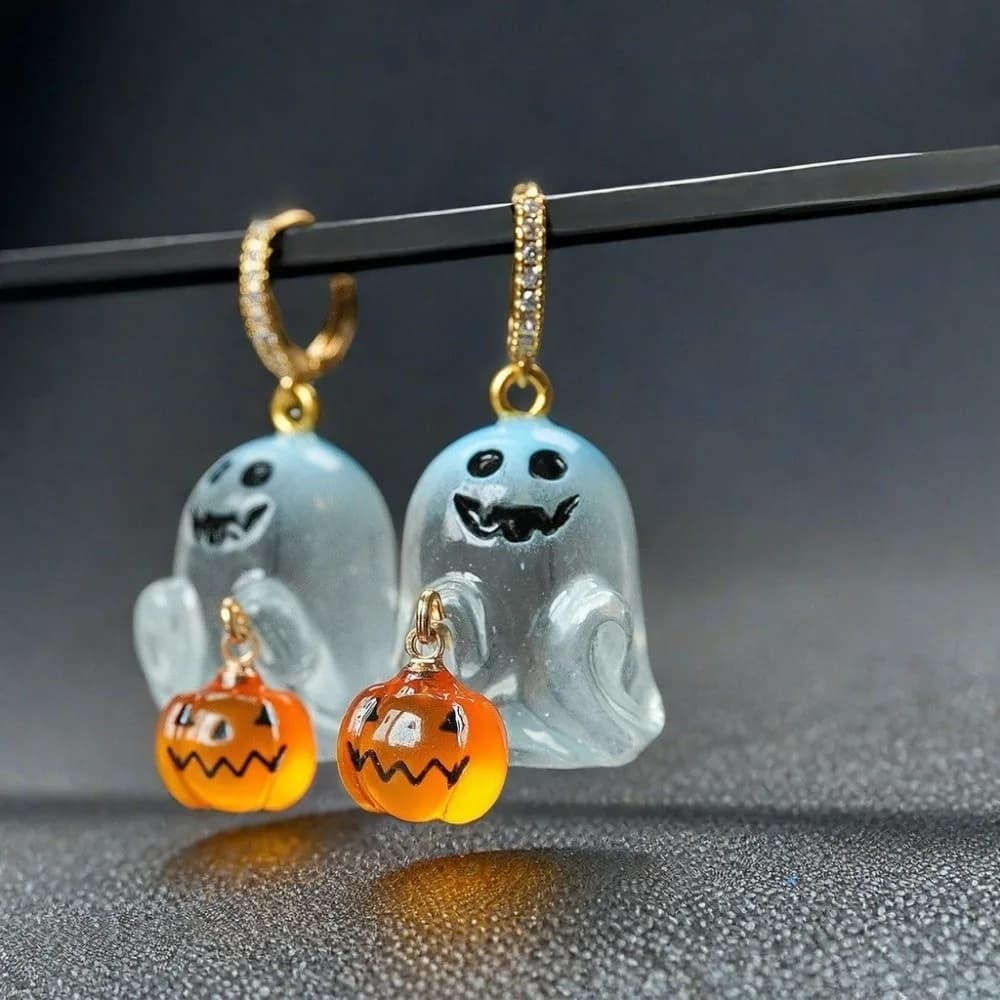 Orecchini di Halloween dei cartoni animati di moda Orecchini a bottone fantasma in resina con strass Orecchini pendenti con zucca punk gotica da donna