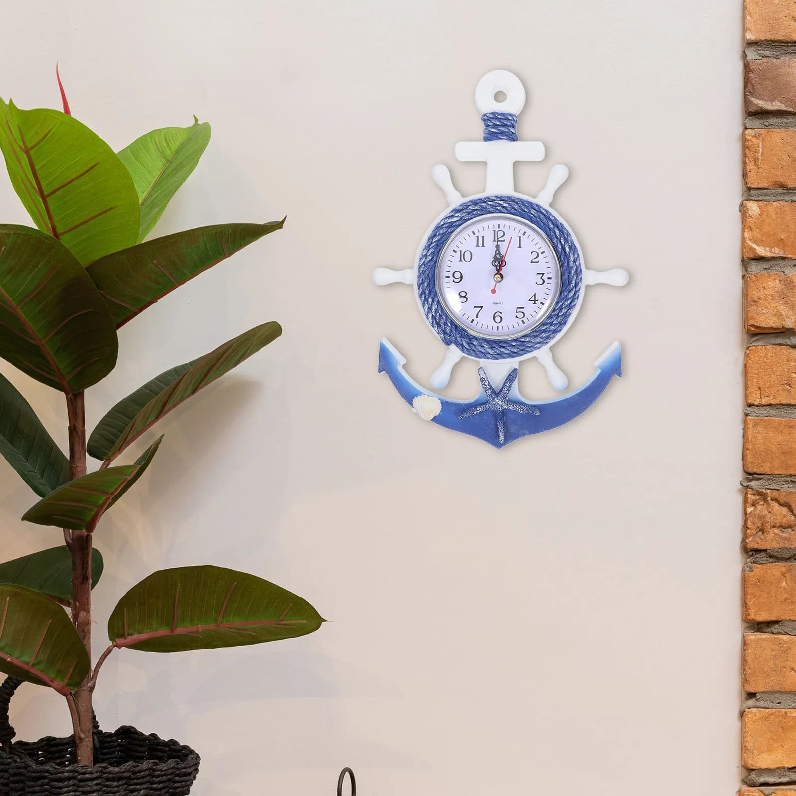 Mediterranean Style Wall Clock Boat Anchor Hanging Clock Wooden Plastic Decorative Mirror Surface for Living Room Home