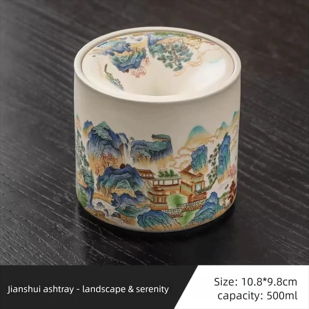 Chinese National Trend Ru Kiln Funnel-shaped Ashtray with Lid to Prevent Ash Flying, Home Living Room Ceramic Tea Dregs Water Ba