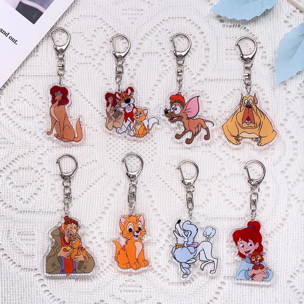 1/13Pcs Disney Oliver & Company Keychain Acrylic Keyrings Bag Charms Cute Backpack Pendant Funny Prop Decoration Friends Gifts