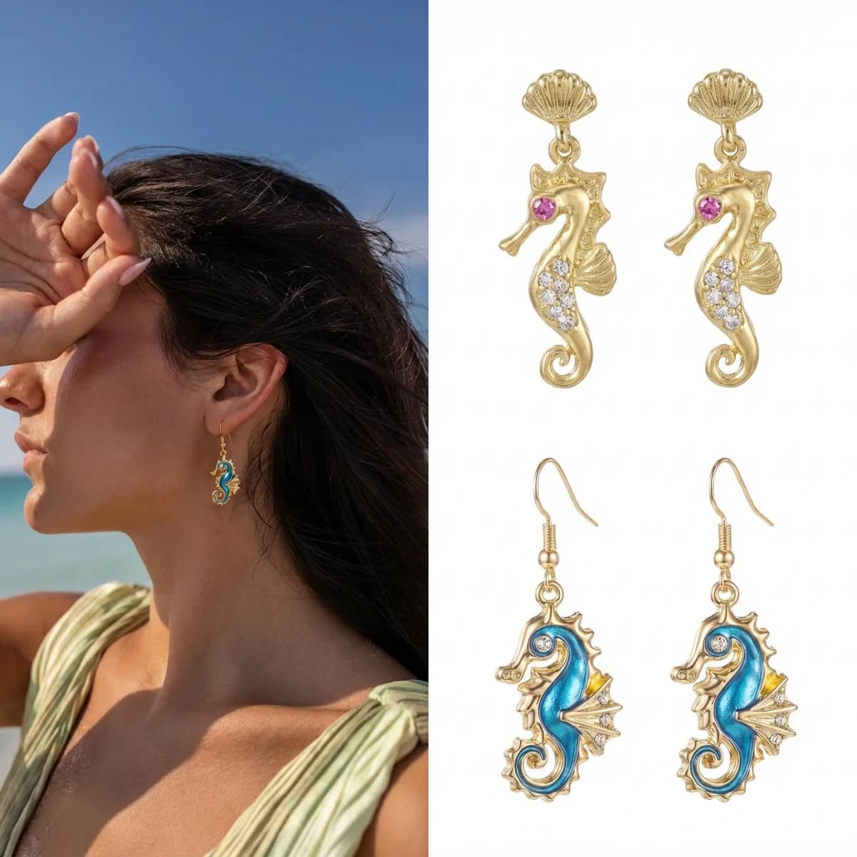 Orecchini a Forma di Cavalluccio Marino Kawaii, Accessori Estivi da Spiaggia, Gioielli in Metallo Dorato a Tema Vita Marina per Donne, Ideali per le Vacanze