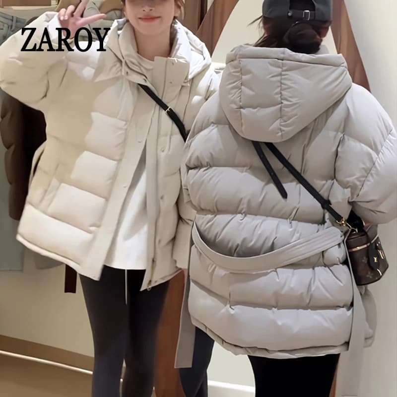 ZAROY Giacche imbottite in cotone con cappuccio autunno donna con cintura Solido moda femminile sottile piumino antivento sciolto neve O