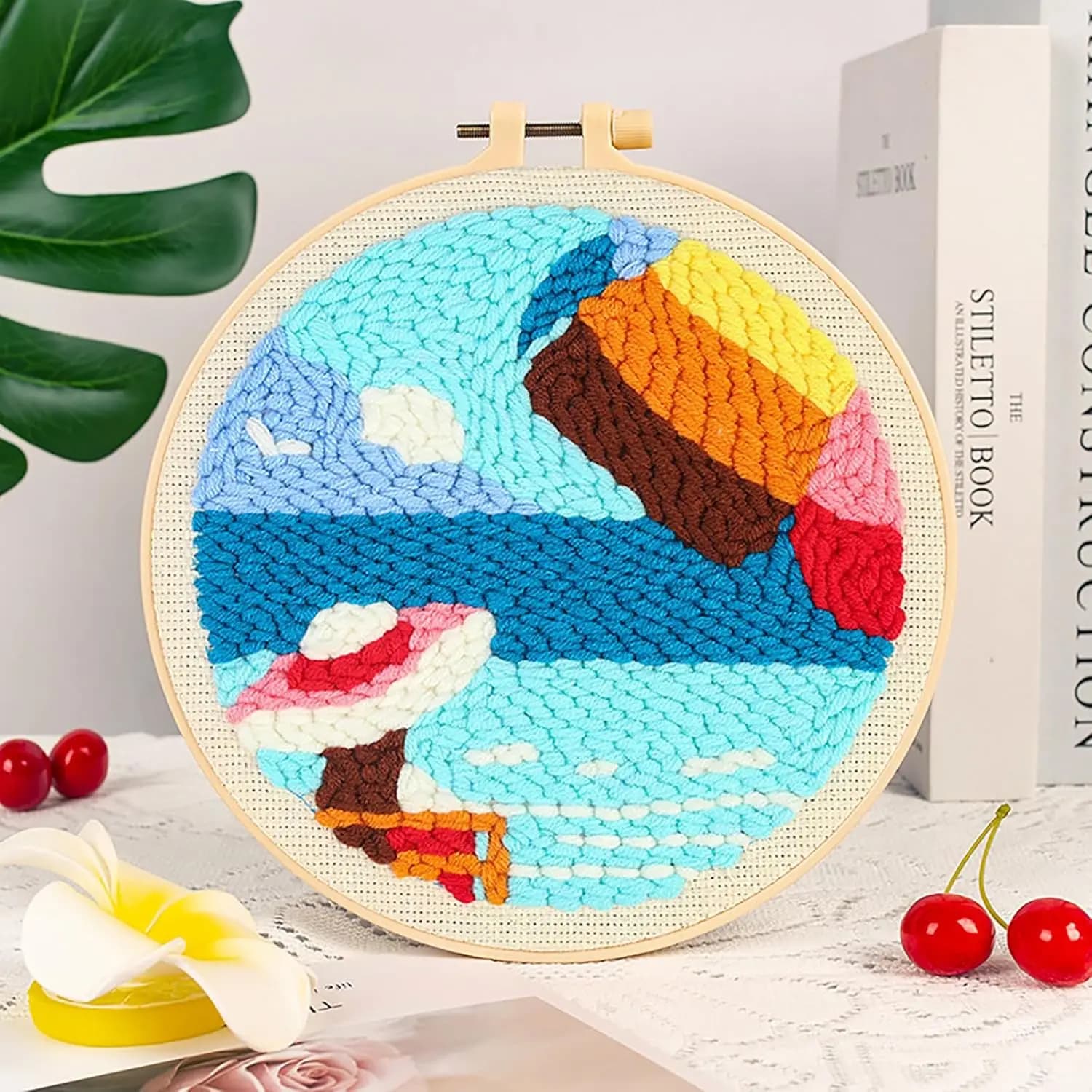 CHENISTORY Beach Sunset Punch Needle Embroidery Kit DIY Beginner Friendly Rug Hooking Set For Adult Room Wall Decoration