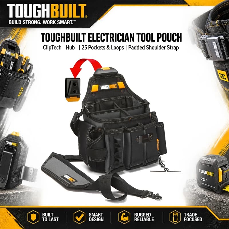 Toughbuilt TB-CT-104 Extra Large Electrician Tool Bag With ClipTech Quick-Release Belt Buckle, 25-Pocket Storage Pouch, And Shou