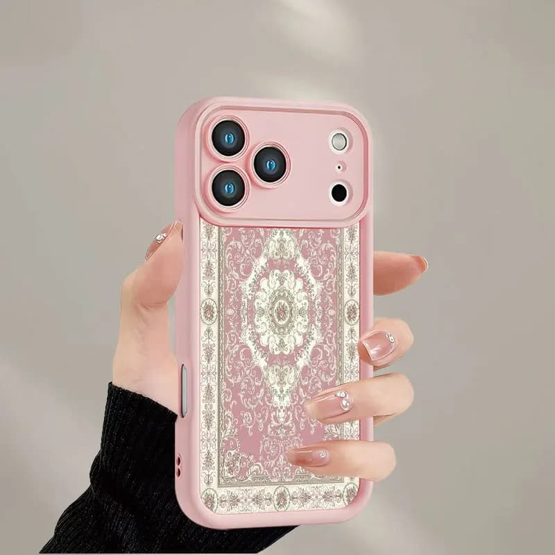 Pink European style carpet design phone case suitable for iPhone 17 16 15 14 13 12 11 Pro/Max/Plus anti drop and shockproof