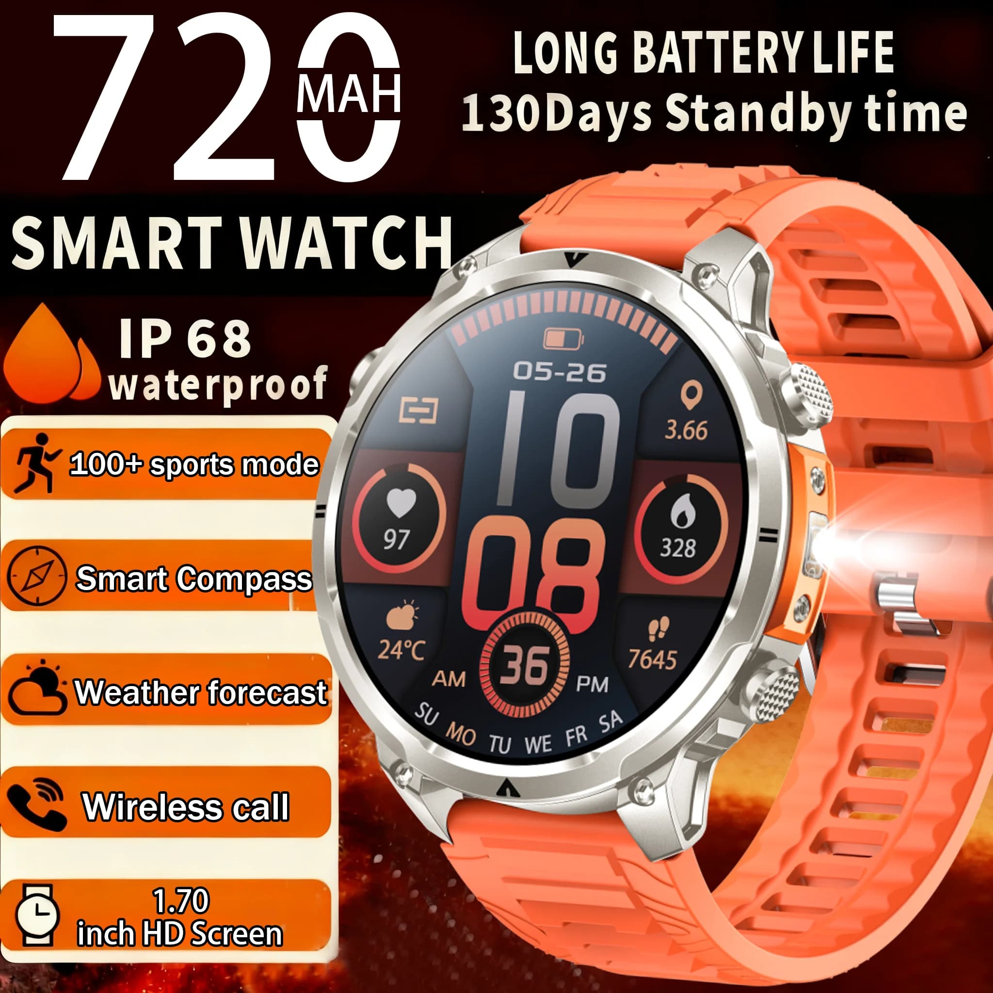 Brand new GPS smartwatch for outdoor sports, high-definition AMOLED display, integrated GPS sports trajectory tracking, LED torch